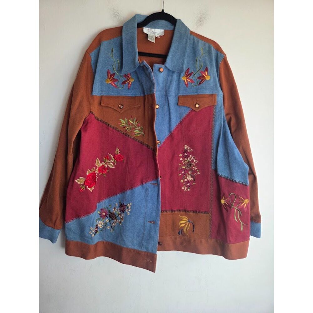 Diane Essentials Brown & Blue Denim Patchwork Embroidery Barn Jacket size 3X